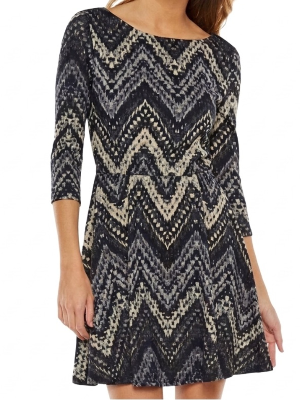 LILY ROSE Chevron Knit Skater Mini Dress 3/4 Sleeve Scoop Back Casual Boho M